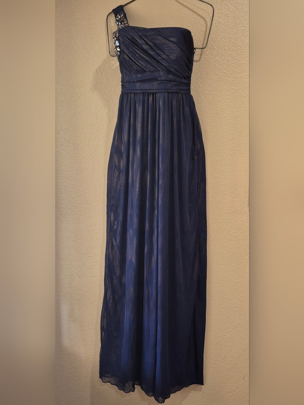 One-Shoulder Navy Blue Evening Dress with Jewel Detail